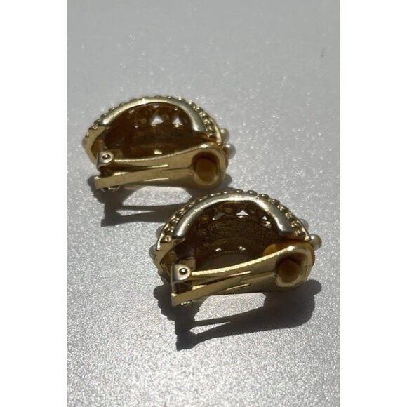 Vintage Quality Faux Pearl Gold tone Half Hoop Vintage Pierced Earrings - Picture 9 of 11